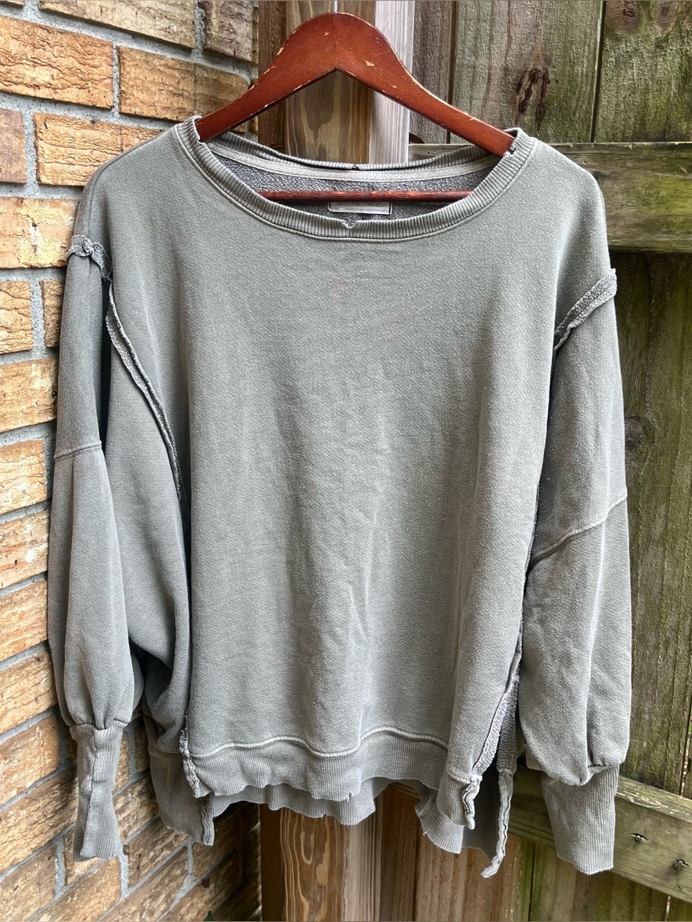 We The Free Oversized Camden Olive Green Raw-Edge Pullover Sweatshirt